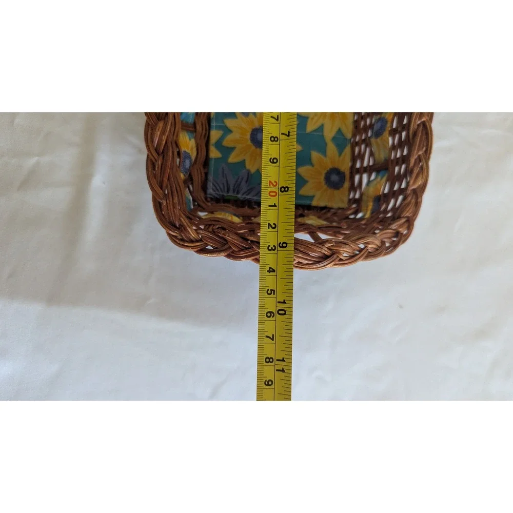Brown Wicker Basket with Sunflower Fabric Liner Rectangular Storage with Handles